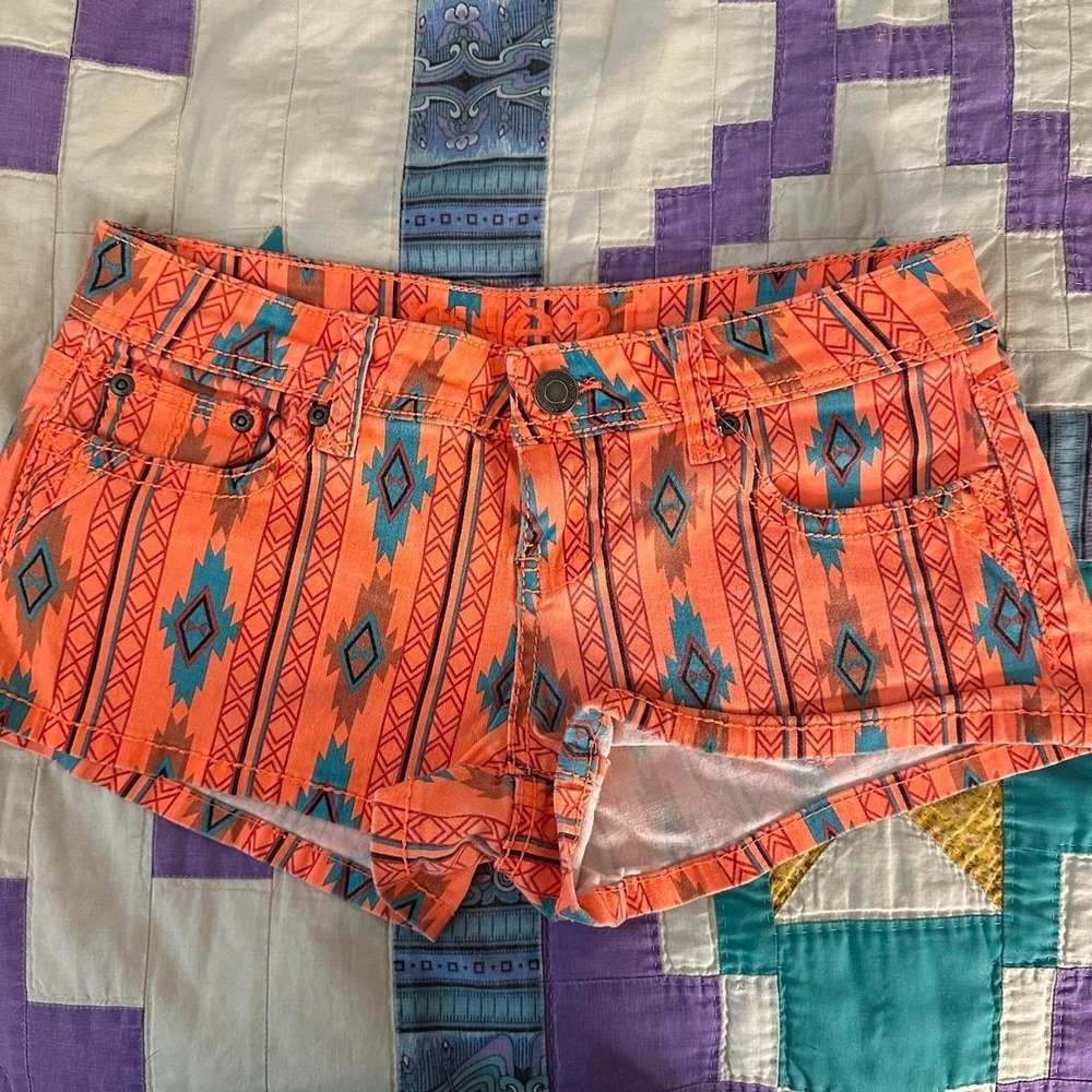 Women's Y2K Festival Tribal Bright Low Rise Micro Mini Booty Shorts Size 3/4